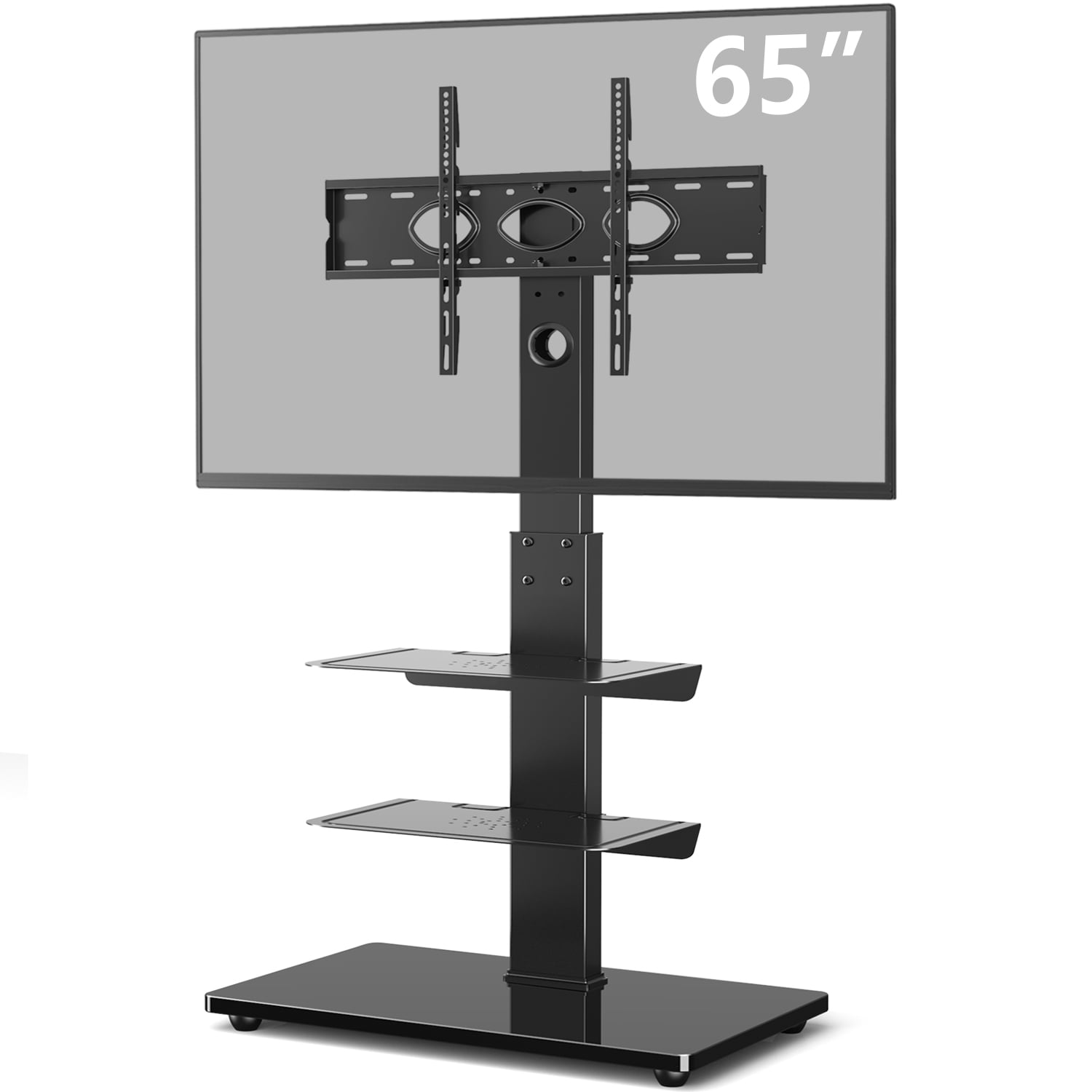 Rfiver Modern Black Floor TV Stand for TVs up to 65 inch Glass Shelf, Black