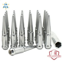 24 Pcs 14mm 1.50 14x1.50 Thread Spike Spline Solid Metal 4.40" Long Lug Nuts Chrome Truck Spline, Silver, Fits Chevy Silverado 1500 2016 Ford F 150 2012 Ram 1500