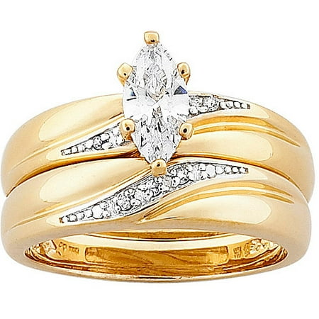 1.3 Carat T.G.W. Marquise-Cut CZ and Diamond Accent 18kt Gold-Plated Wedding Ring Set