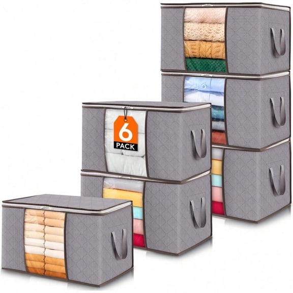 6 Pack Clothes Storage, Foldable Storage And Organization, Storage Bins With Lids, Blanket Storage With Clear Window, Closet Storage With Reinforced Handles For Clothing, Bedding, Light Gray