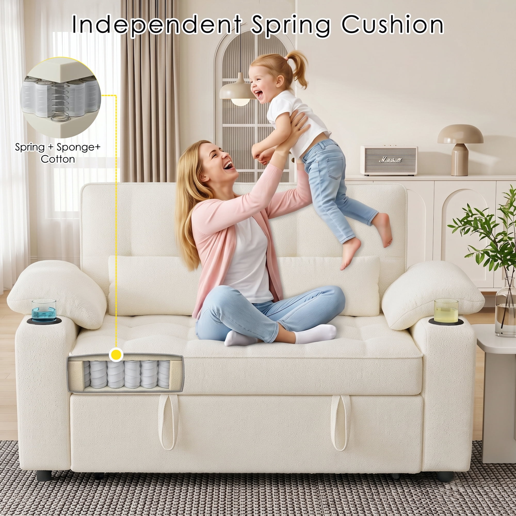 58" Sleeper Sofa Bed, Full Size Pull Out Couch, Towel Fabric Convertible Loveseat with USB Charging, Cup Holders, Adjustable Backrest & Side Pockets for Living Room, Apartment, Office (Beige)