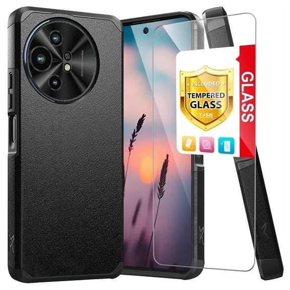TJS for TCL 50 XL 5G / 50 XL NXTPAPER 5G Phone Case, with Tempered Glass Screen Protector, Dual Layer Hybrid Magnetic Support Shockproof Heavy Duty Cover (Black)