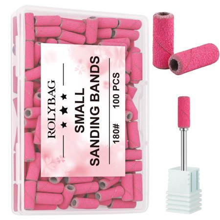 Rolybag 100pcs Small Sanding Bands Nail Drill Bits 180 Fine Grit Nail File Sanding Bands with 3.1mm Mandrel Bit for Acrylic Nails Gel Removing Shaping Professional Manicures and Pedicure Rose Red