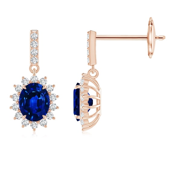 ANGARA Natural Blue Sapphire Dangle Earrings with Floral Diamond in 14K Rose Gold for Women (Size-5x4mm) | September Birthstone, Anniversary, Jewelry Gift for Women | Natural Blue Sapphire Earrings