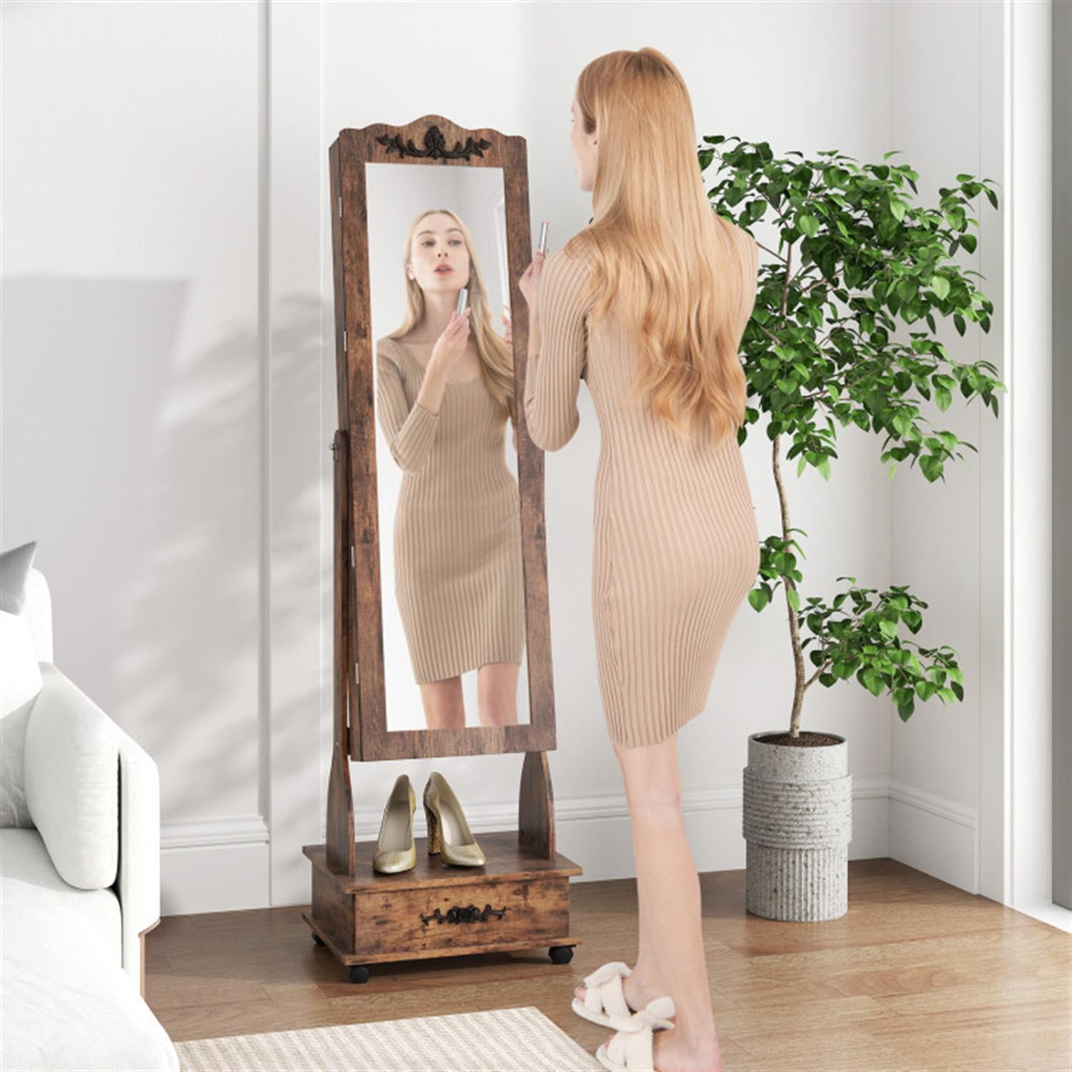 Demi Bonn Freestanding Rolling Floor Standing Mirrored Jewelry Armoire with Lock and Drawers, Lockable Makeup Storage Organizer, Brown