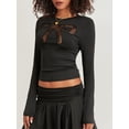 thumbnail image 4 of Musuos Women Spring Summer T-shirt Long Sleeve Crew Neck Bow See-through Slim Fit Tops Streetwear, 4 of 9