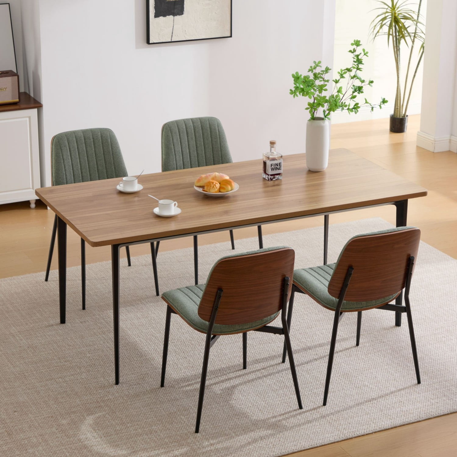 Dining Chairs Set of 2 Mid Century Modern Retro Faux Leather Chairs with Walnut Bentwood Back Upholstered Seat Metal Legs Adjustable Foot Pads Kitchen Dining Room Chairs, Olive Green