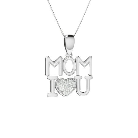 Trillion Designs S925 Sterling Silver 1/10 Ct Round Cut Natural Diamond I Love You MOM Pendant Necklace H-I I2