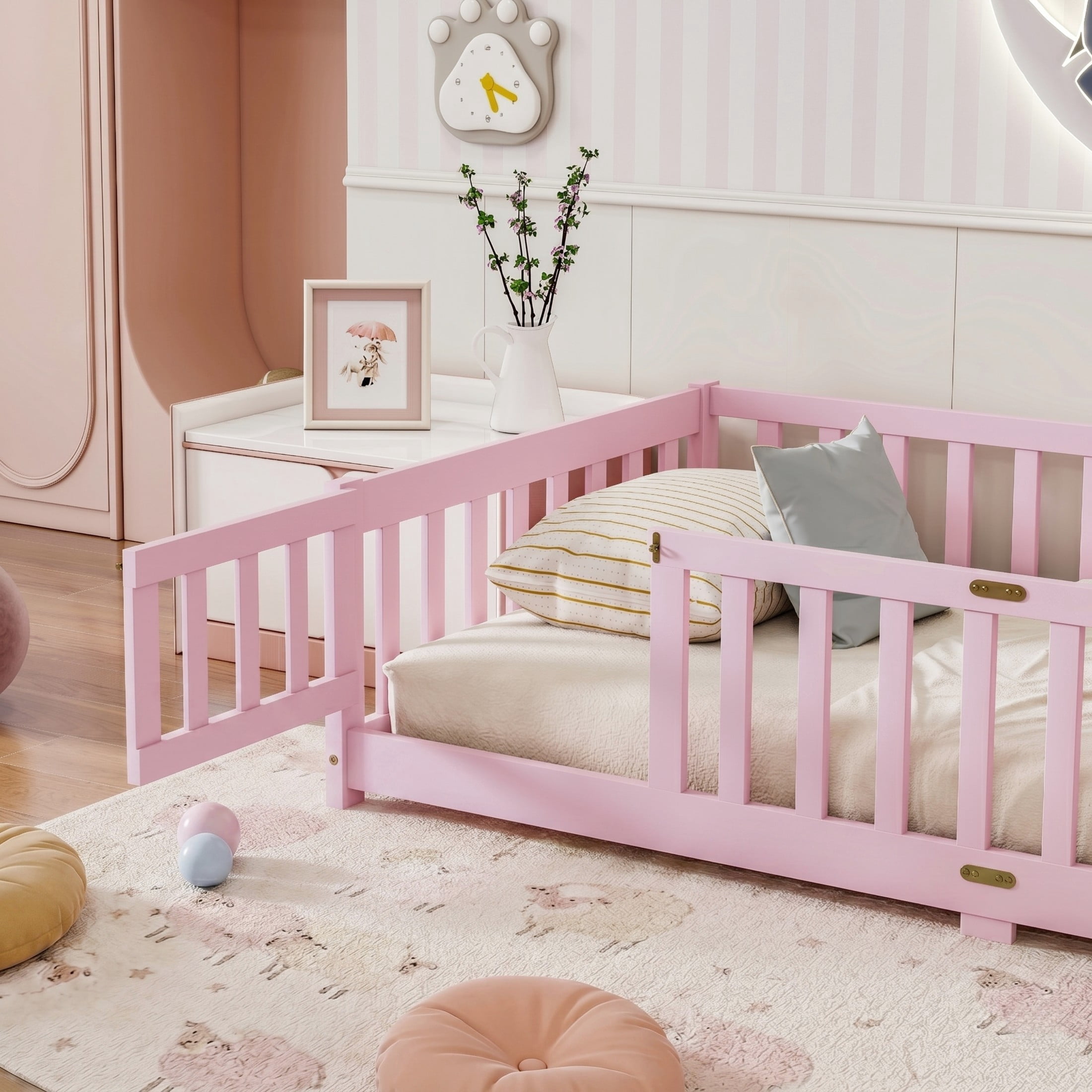 Noble House Corvel Twin Size Rubber Wooden Floor Bed with Safety Guardrails & Latching Fence Door, Pink