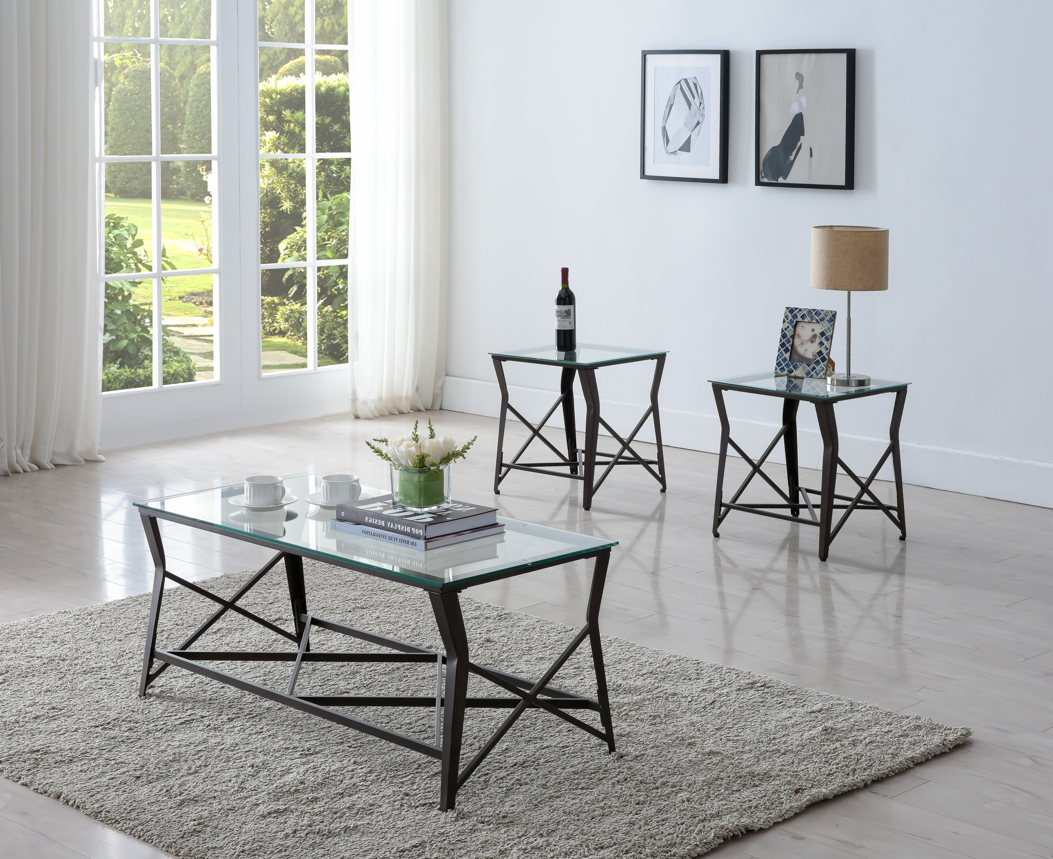 Olten 3 Piece Coffee & End Table Set, Bronze Metal Frame & Tempered Glass Top, Transitional