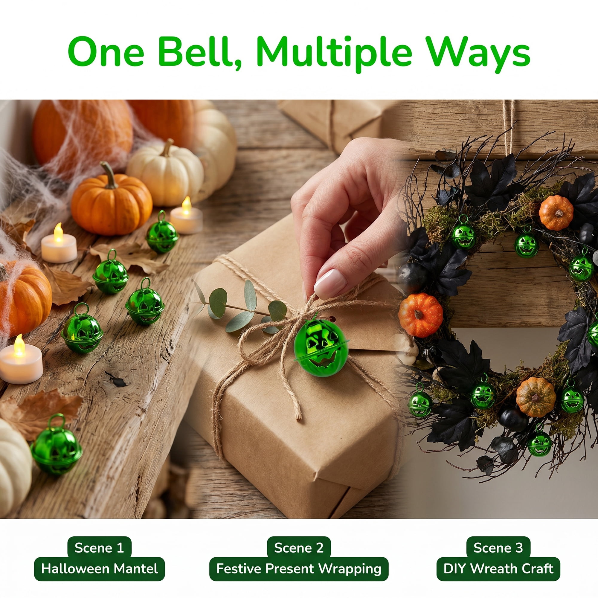 Unique Bargains 10Pcs Pumpkin Halloween Craft Round Bells Green 0.9"L x 0.9"W x 0.9"H