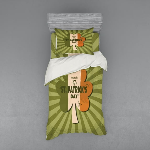 St. Patrick's Day Duvet Cover Set, Celebration Clover Retro Grunge Design Sun Beam Stripes Art, Bedding Set with Shams and Fitted Sheet, 3 Sizes, by Ambesonne