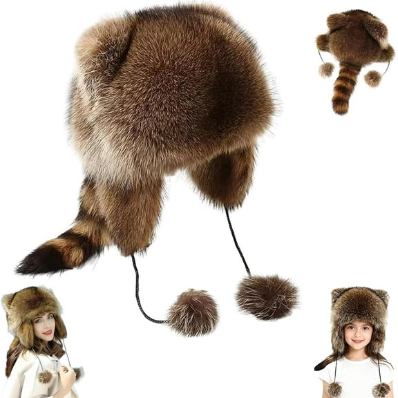 Winter Cute Raccoon Plush Hats, Raccoon Hat with Tail, Faux Fur Windproof Hooded, for Men & Women