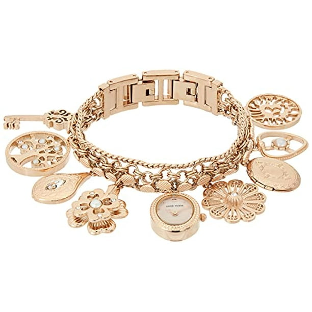 Anne Klein Womens Premium Crystal Accented Rose Gold Tone Charm Bracelet Watch