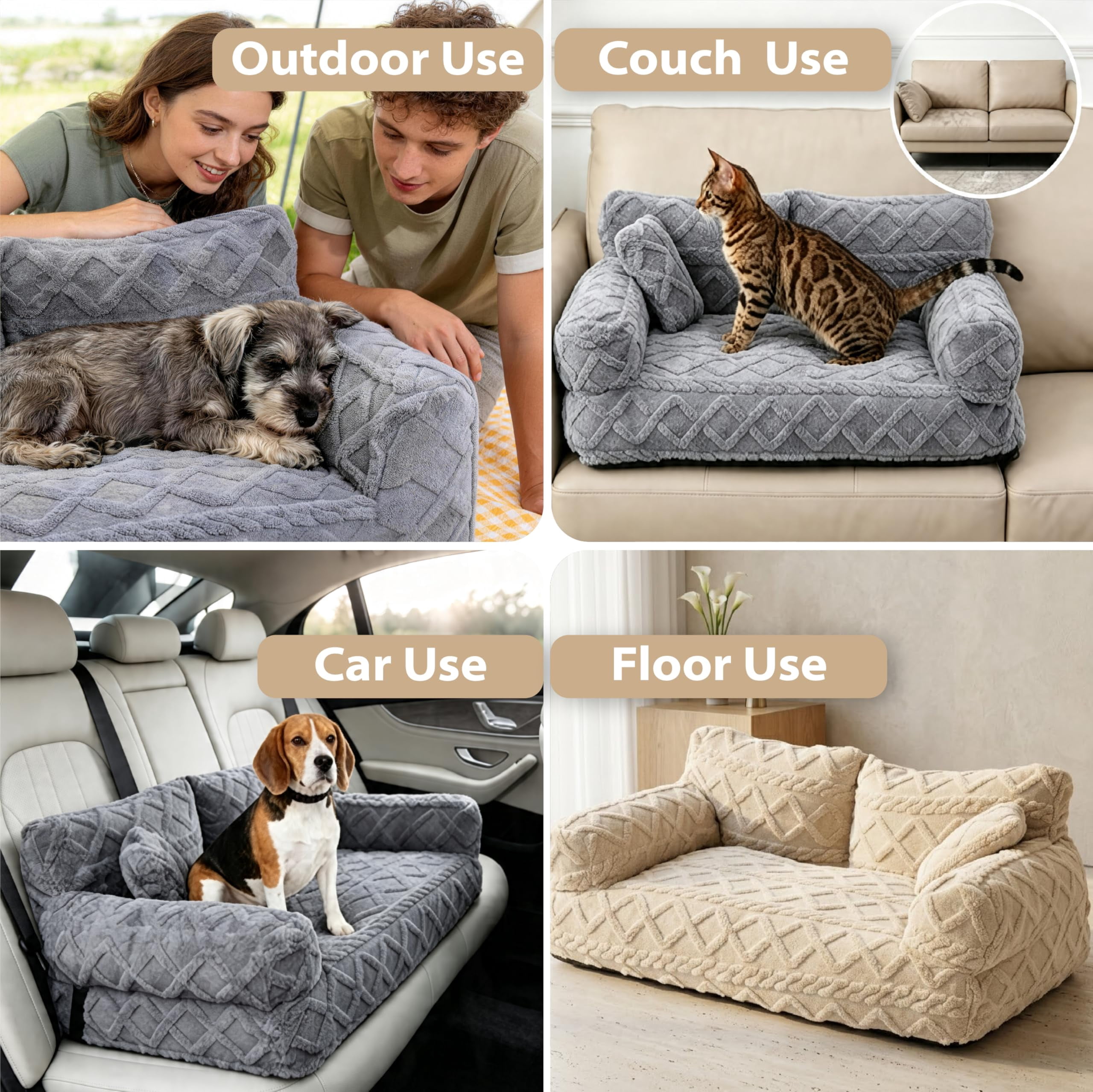 Plush Calming Pet Sofa Bed – Large Dog & Cat Couch Bed with Removable Cover, Furniture Protector Mat for Couch & Car, Soft Cozy Pet Bed