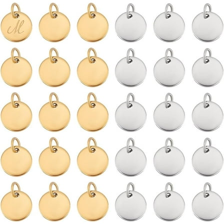 60Pcs Blank Stamping Pendants 304 Stainless Steel Charms 10mm Round Charms Blank Tag Pendants Metal Jewelry Charms With Jump Rings for DIY Bracelet Necklace Jewelry Making 2 Colors