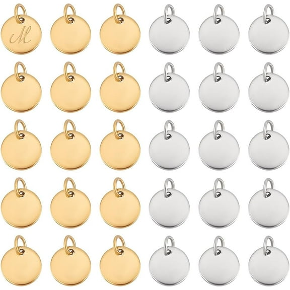 60Pcs Blank Stamping Pendants 304 Stainless Steel Charms 10mm Round Charms Blank Tag Pendants Metal Jewelry Charms With Jump Rings for DIY Bracelet Necklace Jewelry Making 2 Colors