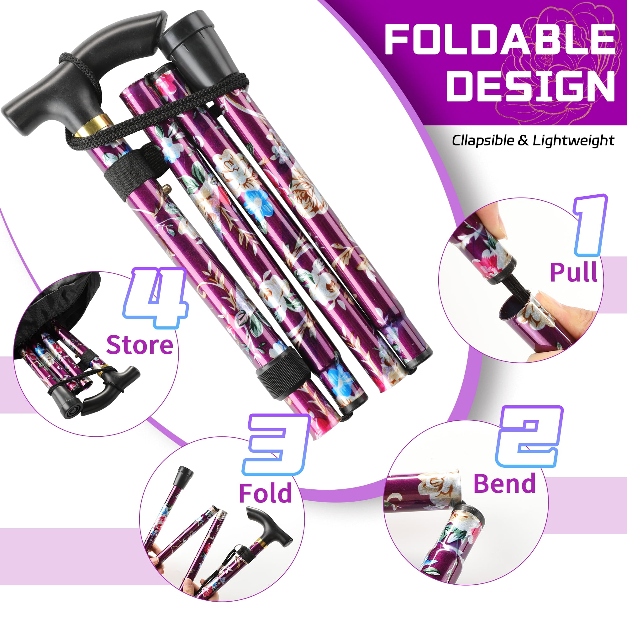 KEKOY Walking Cane for Women, 34" to 37" Height Adjustable Walking Stick, Portable T-Handle Folding Cane with 2 Replaceable Cane Tips, Mobility & Daily Living Aids