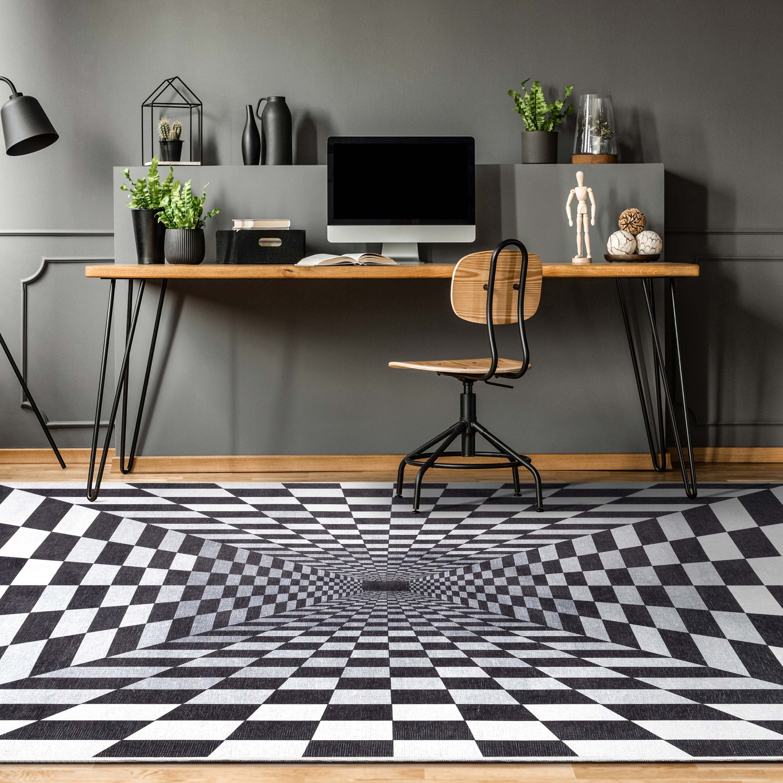 Well Woven Apollo Warp Hole Modern Checkered Black Ivory Printed Distressed Machine Washable 5' x 7' Area Rug