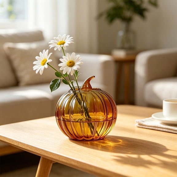 Hovilon Glass Pumpkin Vase for Flowers, Decorative Hydroponic Pumpkin Flower Vase in Clear Green Orange, Thick Glass Centerpiece for Fall Thanksgiving Halloween, Compact Tabletop Home Decor Gift