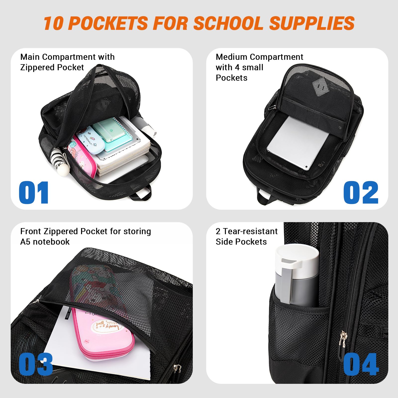 Soda Candy Mesh See-Through School Backpack, Black photo 2