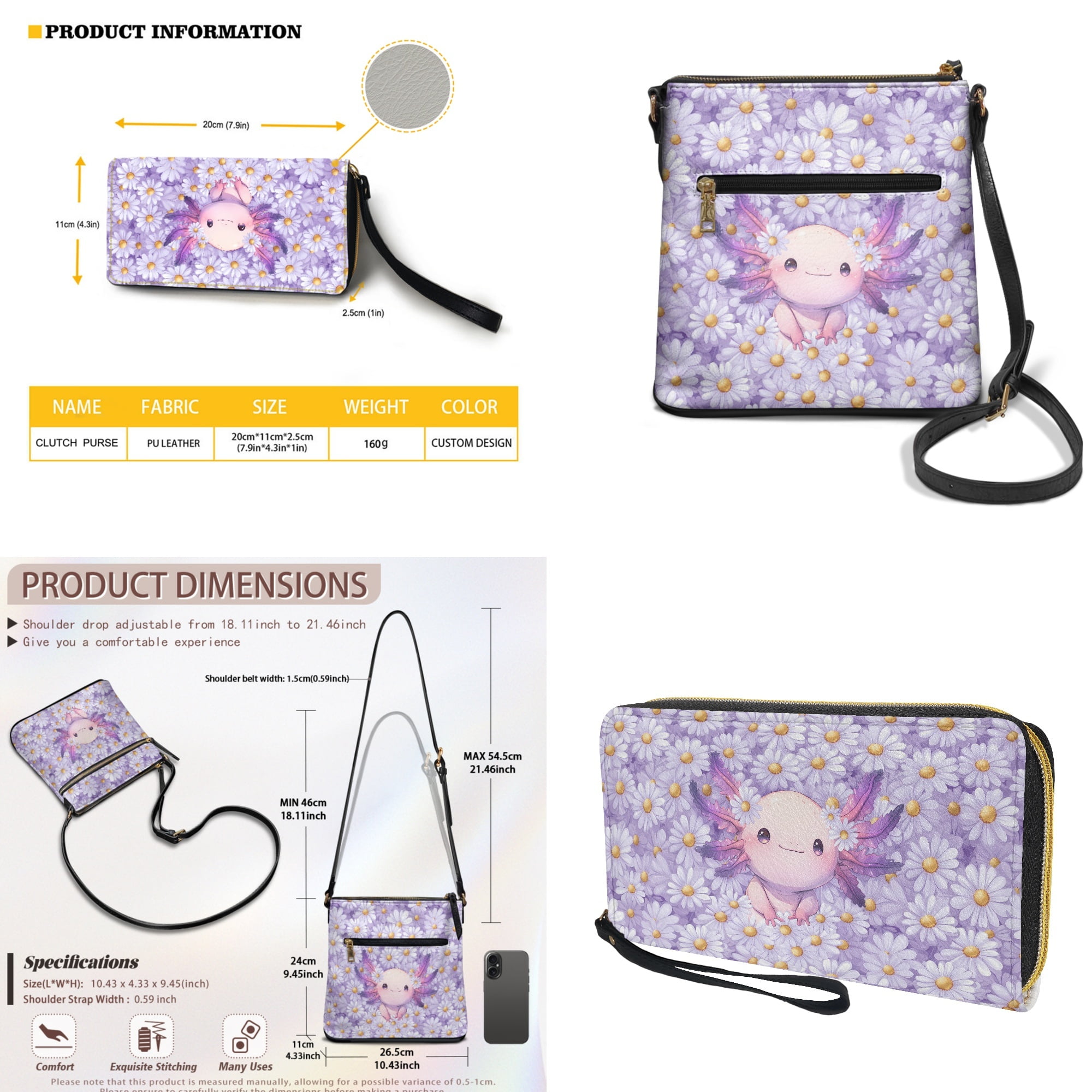 ZUXONGSY Axolotl Daisy Flower Print PU Leather Crossbody Hobo Purse & Wallet Set for Women, Multi-Pocket Messenger Shoulder Bag with Adjustable Strap