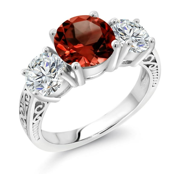 Gem Stone King 925 Sterling Silver Red Garnet and Lab Grown Diamond Engagement Ring for Women | 3.98 Cttw | Round 8MM | Gemstone January Birthstone | Size 8
