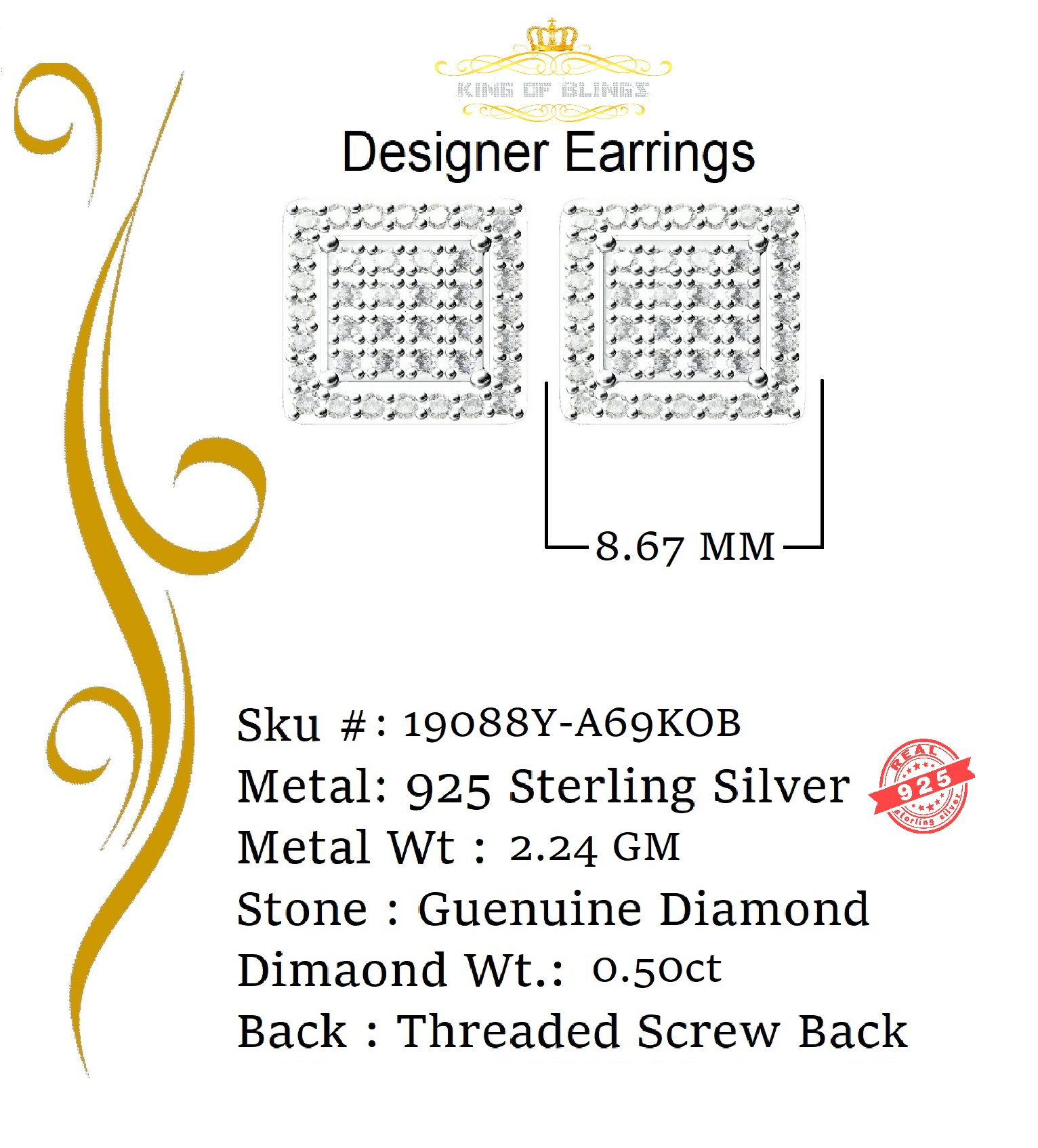 King of Bling's 0.50ct Diamond 925 Sterling Silver Hip Hop Yellow Stud Earring For Men & Women