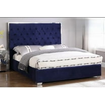 Velvet Upholstered Eastern King Size Platform Bed Frame, Tufted Headboard Chrome Finish Accent Bedroom Furniture, Blue