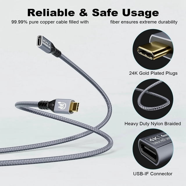 Cable de extensión USB 4K, cable tipo C macho a hembra, Ultra HD, 20 Gbps, 240 W, transmisión rápida de datos HD, 1 m