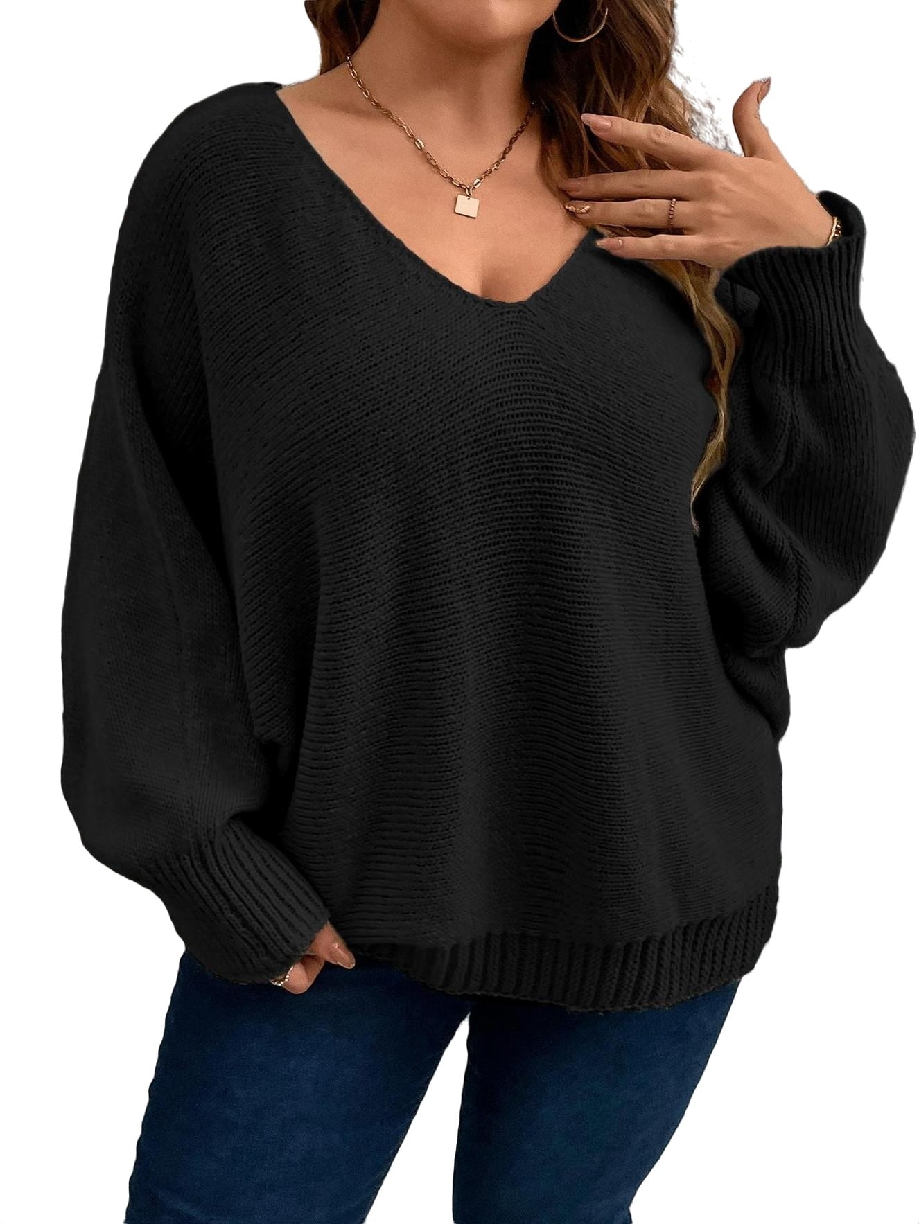 Plus size black top v neck sweater