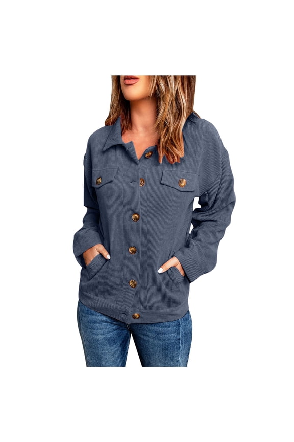 Corduroy Jackets for Women Fall Lapel Long Sleeve Button down Outwear with Pockets Casual Loose Coats