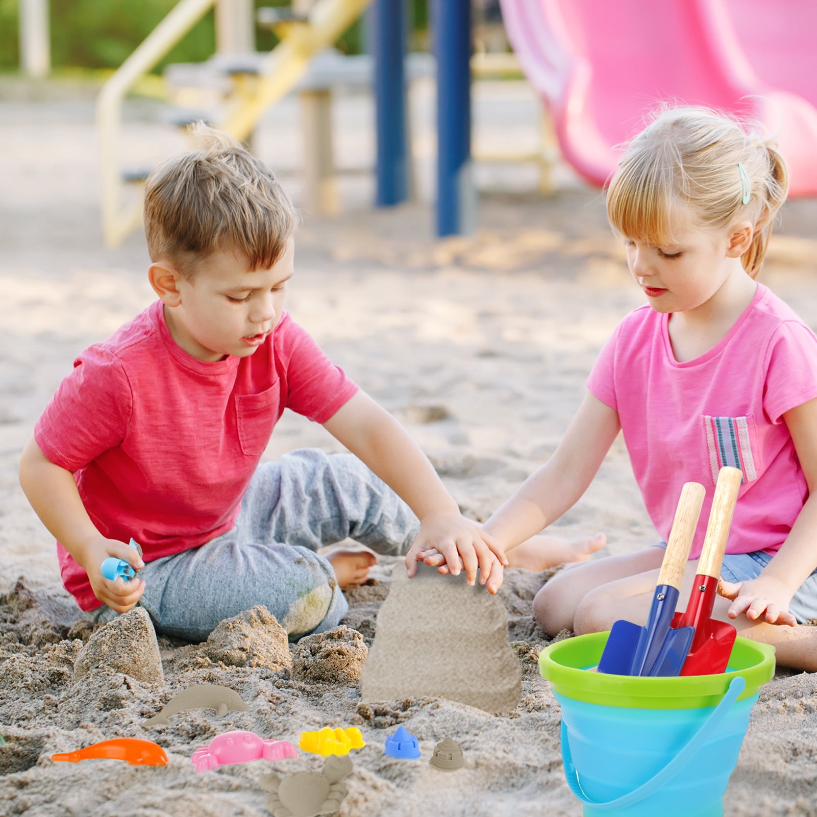 sixwipe 27 Pcs Beach Toys for Kids, Collapsible Sand Bucket and Shovels Set with Mesh Bag & Sand Molds, Sand Castle Toys for Beach, Travel Sand Toys for Beach, Sandbox Toys for Toddlers Kids Age 3-10
