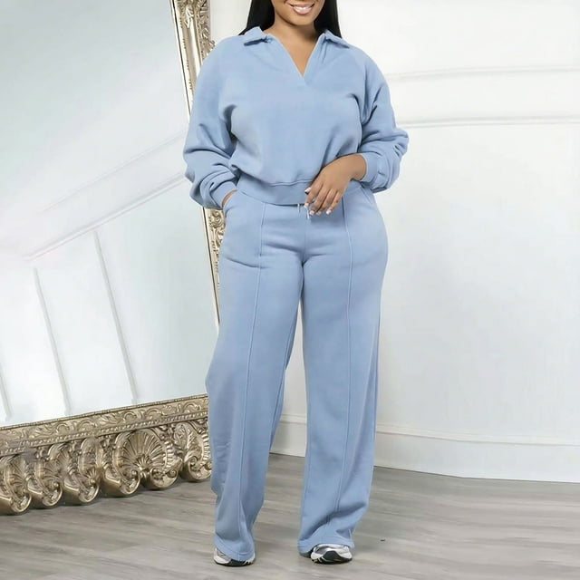 UPPADA Ensemble Détente 2 Pcs pour Femmes Grande Taille Ensembles Détente 2 Pcs pour Femmes aux Formes Chandail à Col Rond Ample et Pantalon de Survêtement Ensemble Économies d'Automne Bleu,m