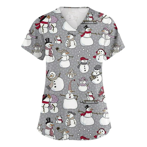 HaHaHappy Women's Christmas Scrubs Plus Size Short Sleeve Ugly Snowman Print Scrub Tops Casual V Neck Cute Scrub Shirts Nursing Workwear Medical Nurse Uniform with Pocket Light Gray L