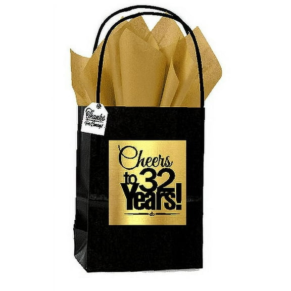 Black & Gold 32nd Birthday / Anniversary Cheers Themed Small Party Favor Gift Bags with Tags -12pack