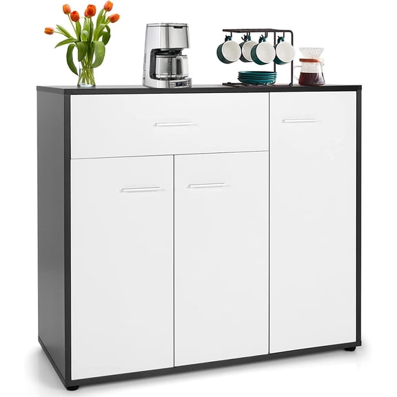 YOJFOTOOU. Buffet Sideboard Storage Cabinet, White Kitchen Sideboard with Spacious Table Top, 2 Door Cabinets, Large Drawer, Adjustable Shelf, AntiToppling Device, Console Cupboard for Home LivingRoom