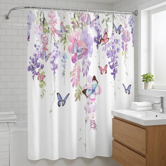 72X72Inches Floral Shower Curtain, Purple Wisteria Flower Butterfly Bathroom Curtain for Bathroom Decor