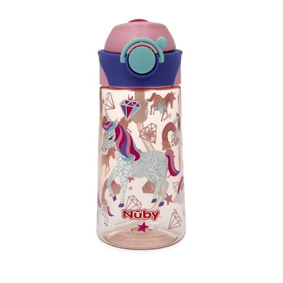 Nuby Thirsty Kids Flip-It Bolt Sport Spout Cup, 15 fl oz, Pink with Unicorns