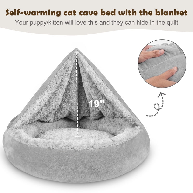 Small Dog Bed Cat Bed with Hooded Blanket, Cozy Cuddler Luxury Puppy Pet Bed, Donut Round Calming Anti-Anxiety Dog Burrow Cave Bed, Machine Washable, Anti-Slip Bottom, Gray, 23inch
