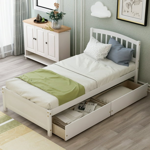 White Twin Platform Storage Bed Wood, Twin Bed With Storage Drawers Underneath