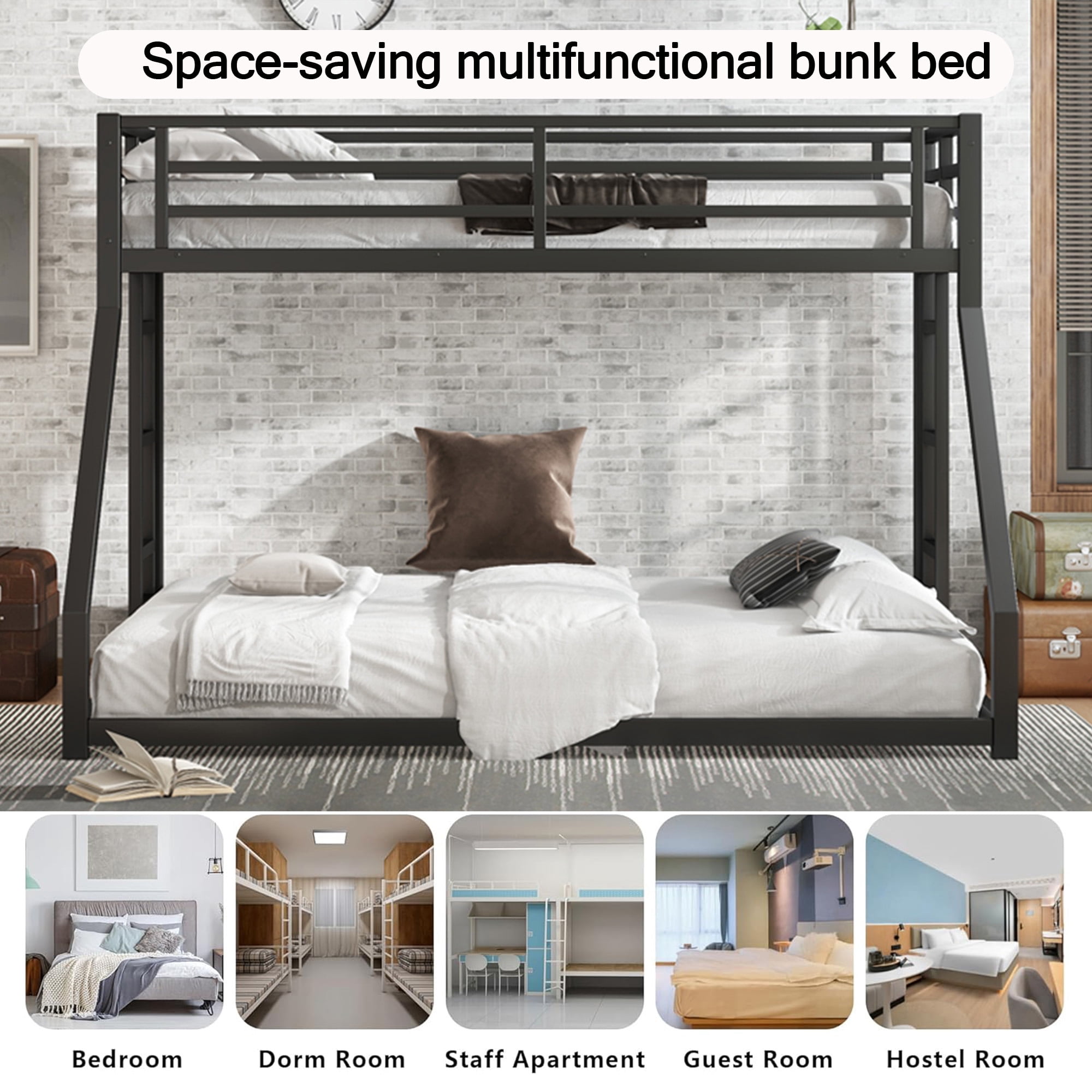 Miniyam Twin XL Over Queen Metal Bunk Bed Frame with Guardrail and Dual Ladders, Heavy-Duty Steel, Black