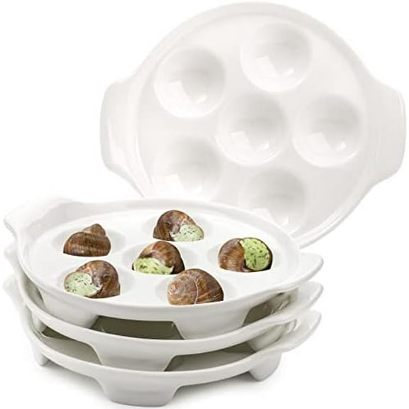 4 Pack Ceramic Escargot Plates with 6 Holes and Handles, 6.5 Inch Seafood Snail Dish Footed Plates White Escargot Baking Dish Barbecue for Home, Kitchen, Restaurant