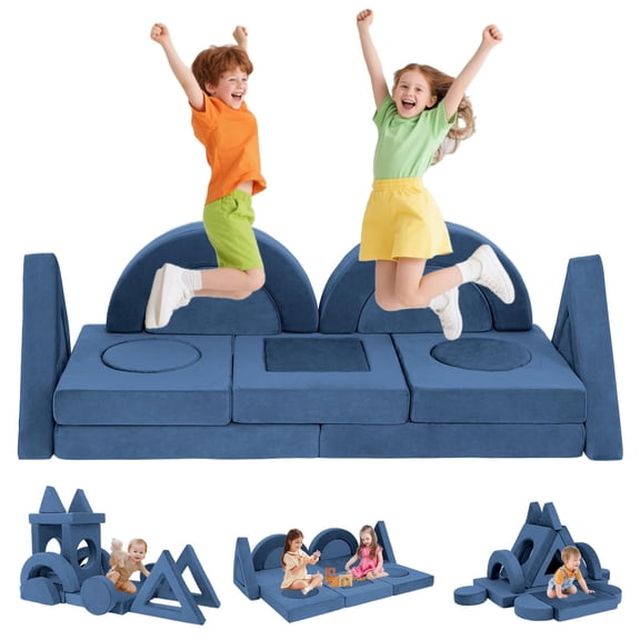 16PCS Modular Kids Play Couch Versatile Toddler Sofa Bed with Washable Covers Convertible Foam Sofa for Playroom Bedroom Creative Fort Building Set for Boys & Girls BLUE