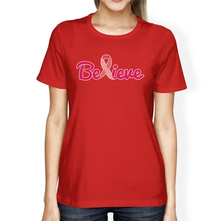 

Believe Breast Cancer Womens Red Cancer Support Graphic T-Shirt