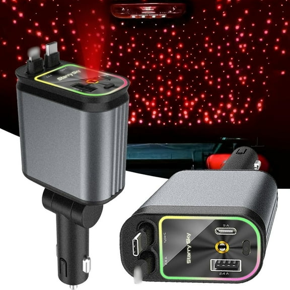 4 In 1 Retractable Car Charger with Fast Charging Technology and Starry Night Light for Modern Vehicles