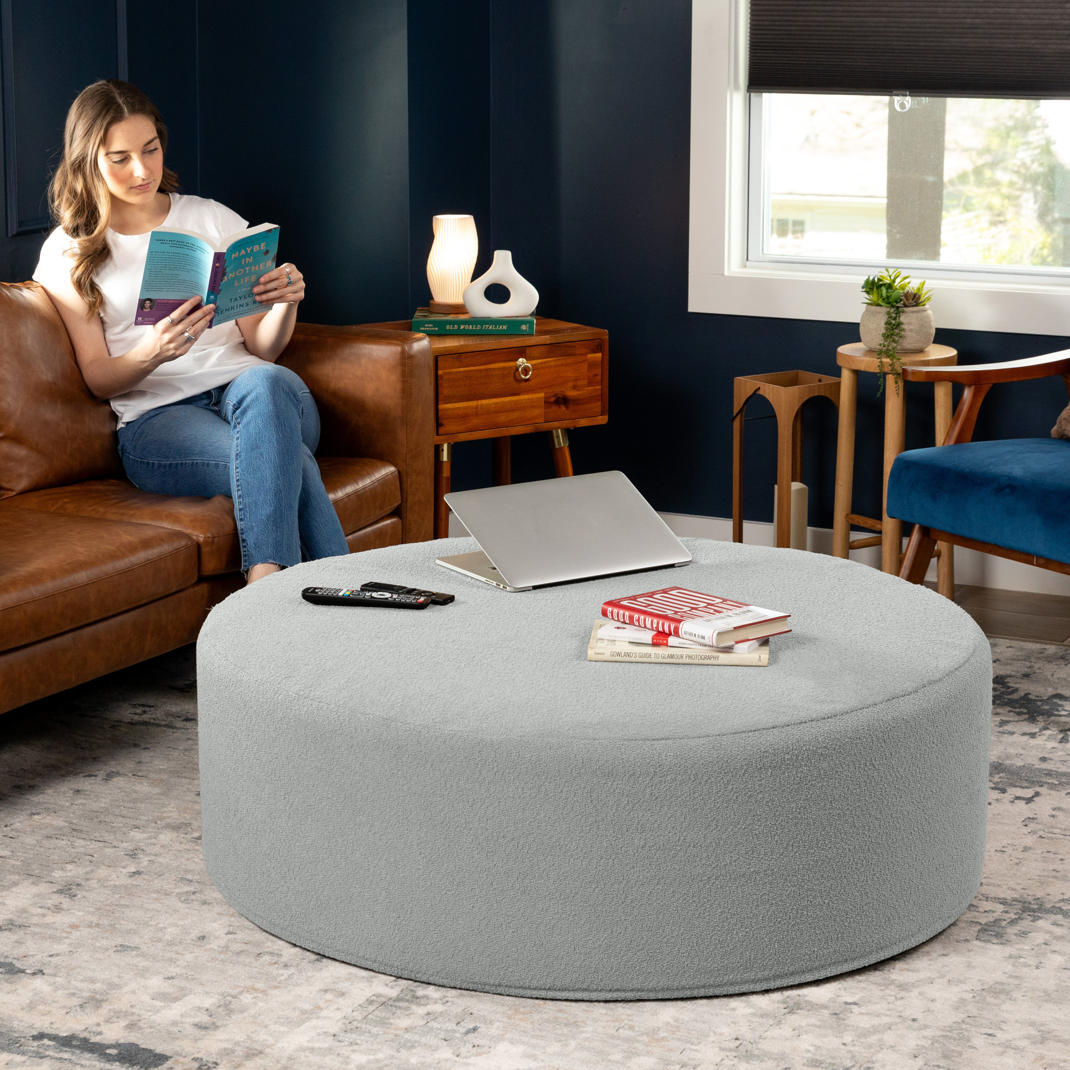 Jaxx Candler Round Coffee Table Ottoman, Oversized, 44-Inch, Boucle Silver