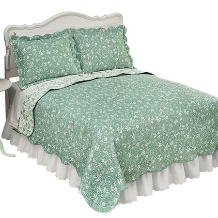 Floral Scallop - Floral Scroll Two-Tone with Scalloped Edges Reversible Lightweight Quilt, King, Sage