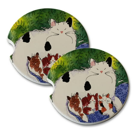 KuzmarK Sandstone Car Drink Coaster (set of 2) - Maine Coon Kitty Family with Vine Design Cat Art by Denise