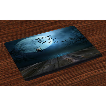 Halloween Placemats Set of 4 Misty Lake Scene Rusty Wooden Deck Spider Eyeball and Bats with Ominous Skyline, Washable Fabric Place Mats for Dining Room Kitchen Table Decor,Blue Brown, by Ambesonne
